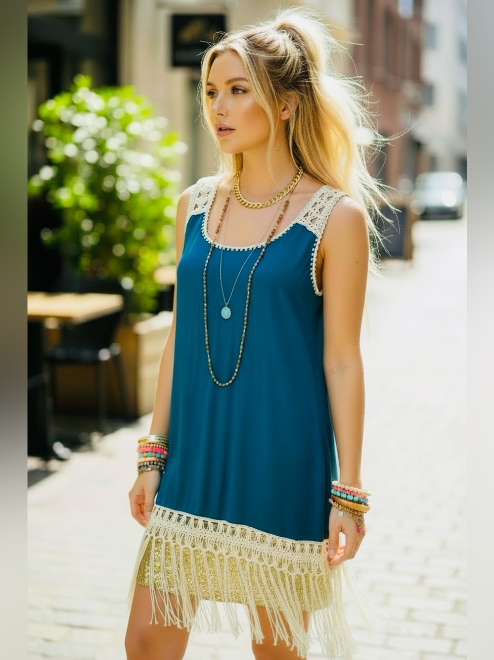 Umgee Crochet-Trim Teal Sleeveless Tank Top Tunic with Fringe at Hem - S, New